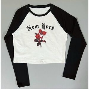 White ‘New York’ Rose Floral Graphic Long Sleeve Shirt Top Blouse Tee Size M 🌹✨
